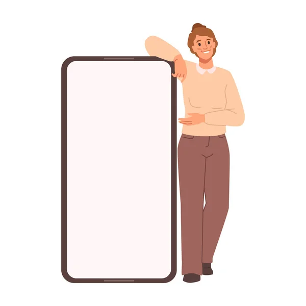 Žena Ukazuje Prázdný Displej Mobilním Smartphonu Ploché Kreslené Vektorové Ilustrace — Stockový vektor