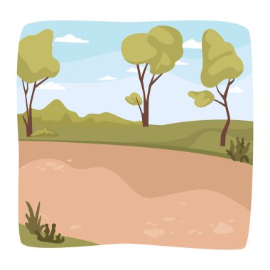 Park view with paths and nature, greenery and lawns. Landscape and nature in spring or summer, flora and biodiversity of village. Vector in flat style