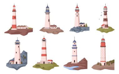 Beacons and lighthouses by seaside or coast giving light to navigate and guide ships in sea or ocean. Tower structure with signal. Vector in flat style