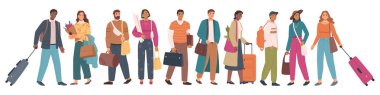 Walking male and female characters carrying baggage and bags. Traveling people with personal belongings and stuff, going on vacation. Vector in flat style