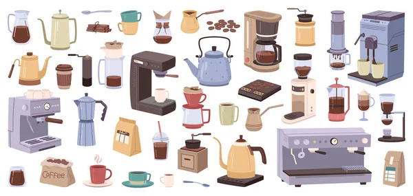 Equipment Machinery Brewing Preparing Coffee Isolated Icons Set Isolated Cezve — Stock Vector