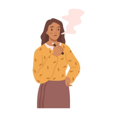 Smoking woman with vape or electronic cigarettes. Isolated female character addicted to nicotine. Smoker with device for inhaling vapor. Vector in flat style