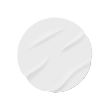Rounded empty colorless sticker made of paper. Isolated wrinkled and glued piece in shape of circle, mockup with copy space. Vector in realistic style
