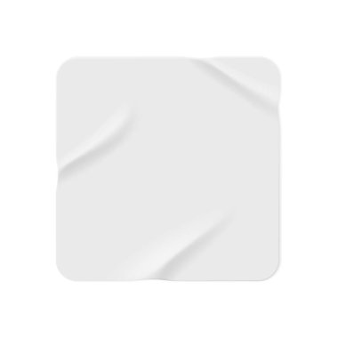 Squared colorless paper sticker with copy space and wrinkled texture. Isolated glued piece of sheet. Banner or advertisement. Vector in realistic style