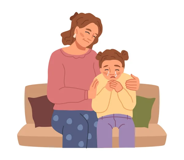 Mother Hugging Comforting Crying Daughter Child Parent Taking Care Emotions — Vetor de Stock