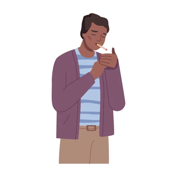 Male Character Lighting Cigarette Smoking Man Isolated Smoker Bad Habit — Stok Vektör
