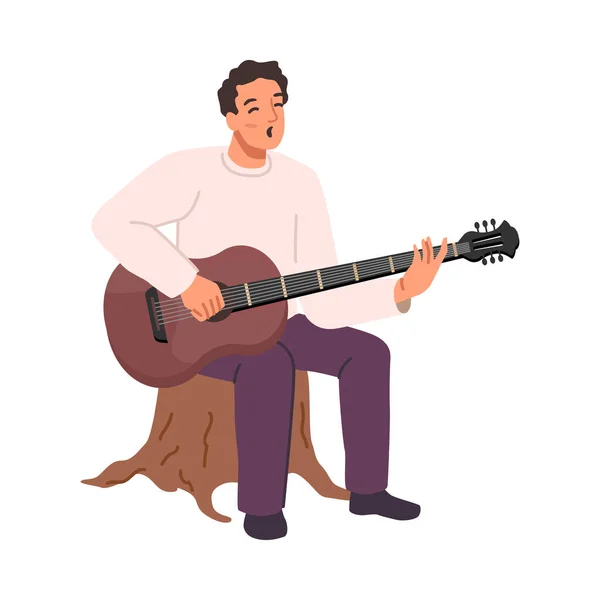 Singing Musical Playing Acoustic Guitar Sitting Tree Stump Isolated Man — Stock Vector
