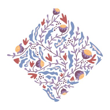 Abstract floral pattern in shape of rhombus. Isolated geometric form with blooming flowers and spring foliage, bushes and petals. Vector in flat style