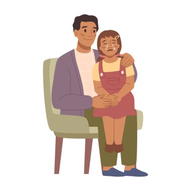 Father comforting and calming down crying daughter child sitting on laps. Isolated parent taking care of kid, dad quieten infant. Vector in flat style