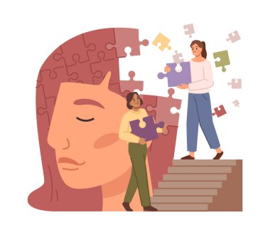 Solving mental problems and issues. Mind health and balance, mindfulness and decisions for soundness. Psychological therapy and help. Vector in flat style