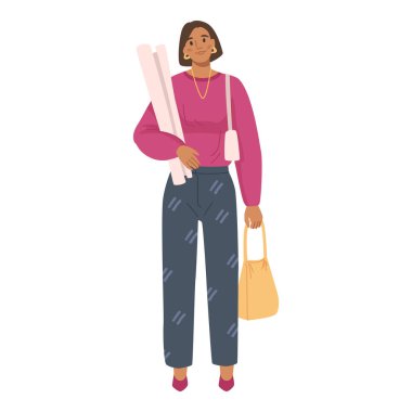 Female character carrying long paper roll and bag in hands. Isolated woman with personal belongings, going to work. Lady with project. Vector in flat style