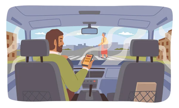 ドライバの車のスマートフォンの画面を見て歩行者と道路に注意を払っていない気を散らした 安全ではない旅行 危険な交通 平らなスタイルで道路上のベクトルおばあちゃん — ストックベクタ