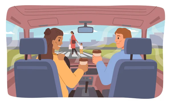 Femme Conduisant Une Voiture Parlant Passager Regardez Pas Route Conducteur — Image vectorielle