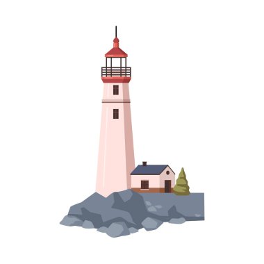 Beacon tower with observation point and light signal. Isolated lighthouse by shore, guidance for ships and vessels on sea and ocean waves. Vector in flat style