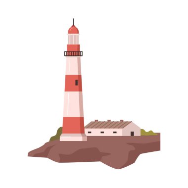 Beacon or lighthouse on rocks in island. Isolated Tall tower construction with beam signal light to navigate ships and vessels in sea. Vector in flat style