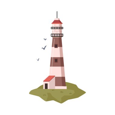 Beacon or searchlight on lighthouse, isolated construction for sea and ocean navigation and guidance. Architecture and sightseeing. Vector in flat style