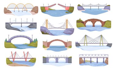 Bridges over canal or river connecting islands or banks of river. Architectural construction with road and way for people or cars. Vector in flat style