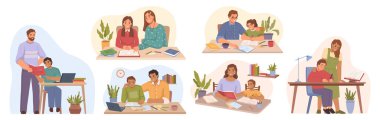 Mom and dad helping children with homework tasks and assignments from school. Parenting and helping kids to study well. Flat cartoon, vector illustration
