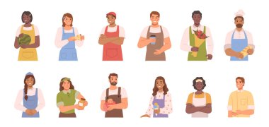 People selling products, isolated sellers or consultants. Woman with watermelon and cheese slice, ice cream. Offering coffee and fresh bread, flowers and meat. Flat cartoon, vector illustration