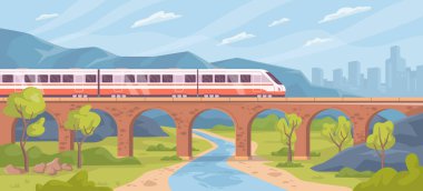 Traveling by train through nature landscape. Old brick bridge and river, transportation and tourism. Means of commuting. Flat cartoon, vector illustration