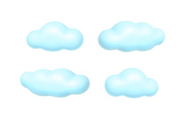 Cloud or weather conditions isolated realistic icons. Mass of condensed water vapor, mist or fog, smoke floating in air. 3d style vector illustration