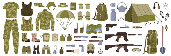 Clothes Weapons Soldiers Isolated Military Equipment Tent Medicine Backpack Shovel — Stockvektor