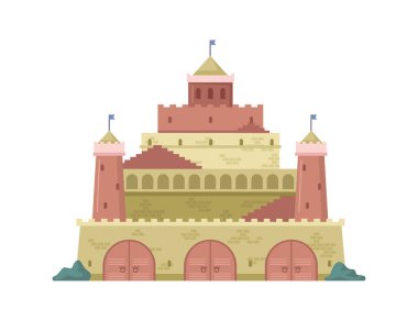 Castle from fairy tale, isolated historical architecture. Building with towers and fortifications, old sights for tourists in city. Vector in flat style