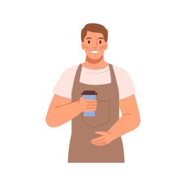 Barista offering cup of coffee to go. Street or kiosk seller with tasty beverage with caffeine, market or cafe. Flat cartoon character, vector illustration