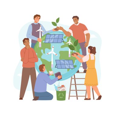 Dünyayı kurtarmak ve gezegendeki doğayı korumak. Tecrit edilmiş insanlar yenilenebilir enerji, bitki ve filizler için alternatif yollar kullanıyorlar. Düz biçimli vektör