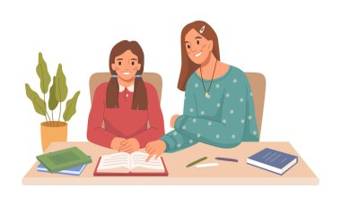 Anne, kızına ödevini tamamlaması için yardım ediyor. Çocuklu bir kadın, eğitim ve eğitim. Düz çizgi film, vektör illüstrasyonu
