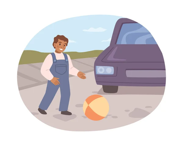 Kind Spielt Ball Auf Der Straße Mit Vorbeifahrenden Autos Gefährliches — Stockvektor