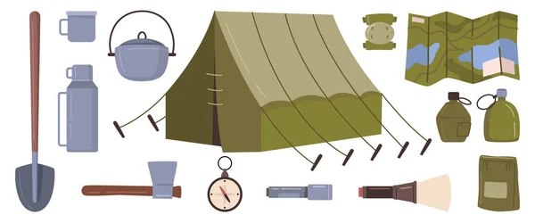 Soldaten Militaire Uitrusting Geïsoleerde Tent Schep Voor Het Graven Kaarten — Stockvector