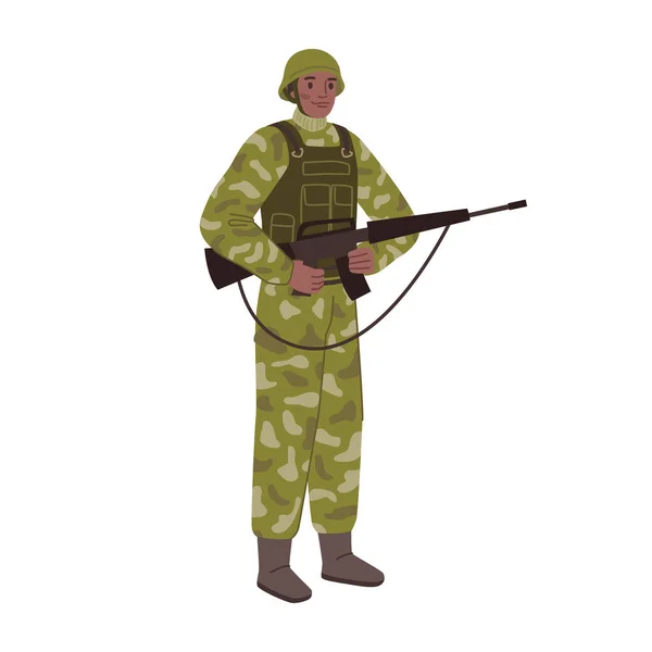 身穿救生衣 靴子和头盔 手持武器的军人 在军队中服役的孤立的男性人物 平面漫画 矢量图解 — 图库矢量图片