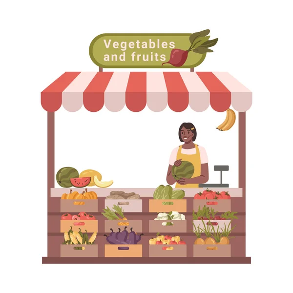 Sebzeler Meyve Tezgahları Taze Tarım Ürünleri Satıyor Kadın Satıcı Çeşitli — Stok Vektör
