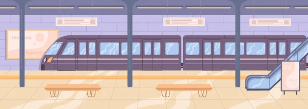 火车站或地铁 空荡荡的内部 有长椅可坐和等待 火车运输和旅行 快速通勤 平面漫画 矢量图解 — 图库矢量图片