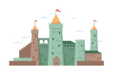 Tarihi ya da peri masalı kalesi ya da kuleleri ve bayrakları olan bir bina. İzole tuğla yapı, ortaçağ mimarisi. Düz biçimli vektör