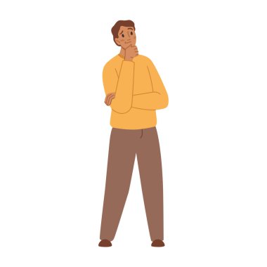 Düşünceli bir adam çenesinde el ele tutuşuyor. Tecrit edilmiş bir girişimci ya da iş adamı. Yenilikçi düşünceleri olan genç biri. Düz biçimli vektör