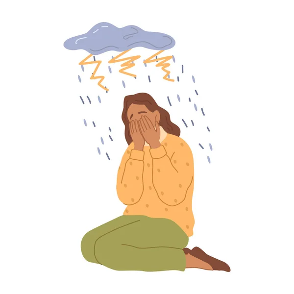 Mulher Chorando Deprimida Isolada Estressada Com Emoções Ruins Ansiedade Personagem — Vetor de Stock