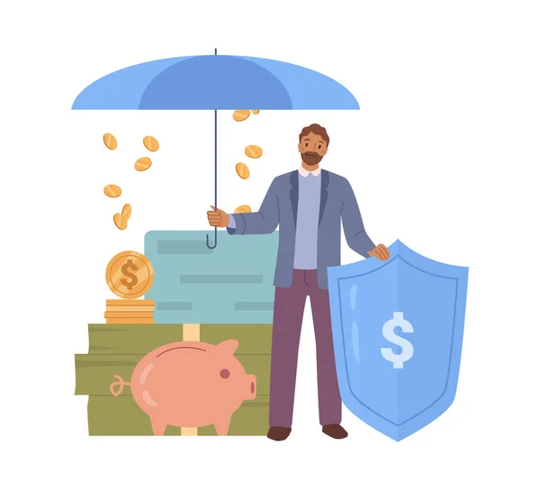 Seguridad Seguros Para Activos Financieros Bancarios Hombre Aislado Con Paraguas — Archivo Imágenes Vectoriales