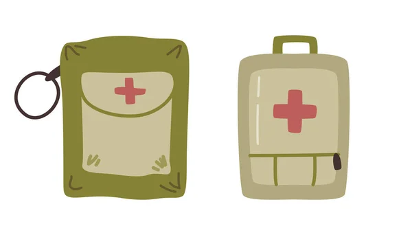 士兵和战斗人员急救箱 装有紧急援助和药品 抗生素和药丸的隔离包 平面漫画 矢量图解 — 图库矢量图片