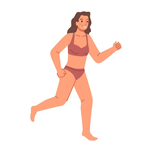 Personaje Femenino Con Traje Baño Sonriendo Corriendo Vacaciones Verano Recreación — Vector de stock