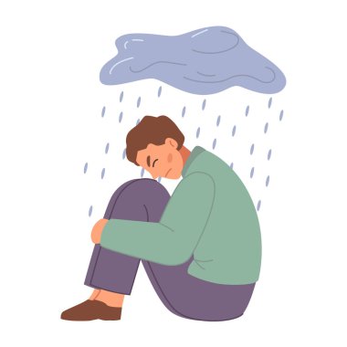 Yağmur altında duygusal olarak üzgün, endişeli ve gergin bir insan. Sorunları ve sıkıntıları olan yalnız bir adam, depresyonda ve stresli. Düz biçimli vektör