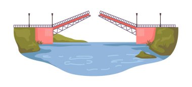 Wheelhouse, gemiler ve feribotlar için köprü açıyor. Nehir ya da geniş su kütlesi boyunca modern mimari yapı. Şehir altyapısı. Düz biçimli vektör