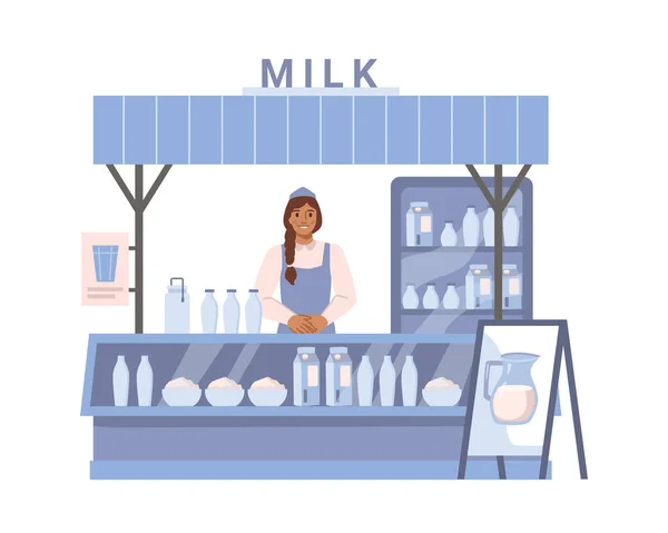 Mjölkgatans Stall Isolerad Kiosk Med Sortiment Mejeriprodukter Från Gården Ekologiska — Stock vektor