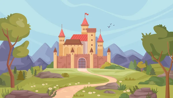 Landscape with castle and nature, mountains and greenery. Historical sight or architecture attraction, sightseeing. Vector fairy tale royal palace in flat cartoon illustration