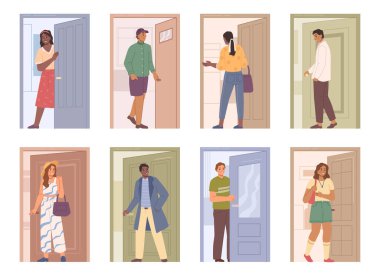 Binaya giriş çıkışlar, kapıda dikilen insanlar içeri girip çıkıyorlar. Karakterler kapı aralığında, kapıyı açıp kapayarak. Erkek ve kadın vektör içeride ve dışarıda düz çizgi film çizimlerinde