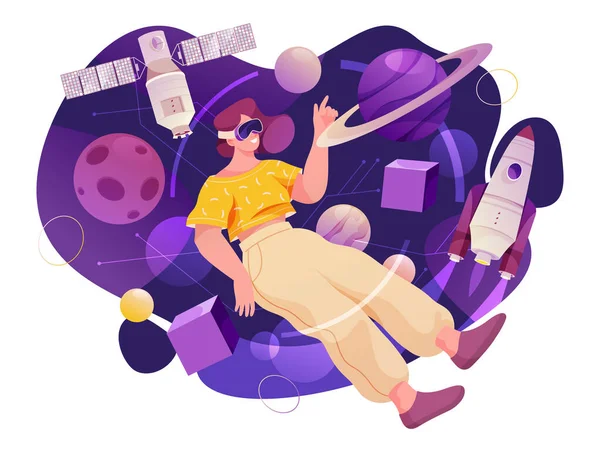 超互动和虚拟现实 用户体验 女性在太空戴着Vr眼镜 与行星一起漂浮 平面卡通画中来自外层空间的矢量人 — 图库矢量图片