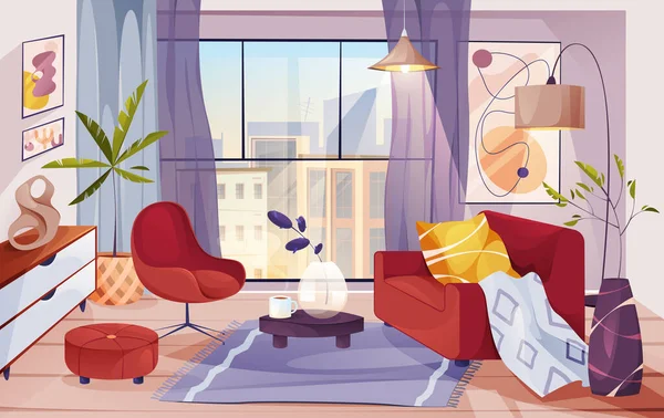 Interior Apartment Panoramic Window Lounge Zone Sitting Room Furniture City — Stock Vector
