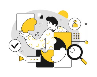 İş geliştirme ve geliştirme, iş yerindeki sorunları çözme ve bulmaca parçalarını birleştirme. Seyircileri hedef alan çalışanlar, pazarlama promosyonu, arama. Çizgi film illüstrasyonunda vektör