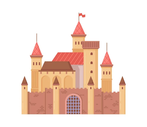 Castle or stronghold, isolated fortification or citadel with flags and towers. Medieval architecture and construction, tourist attraction royal palace. Vector in flat cartoon illustration